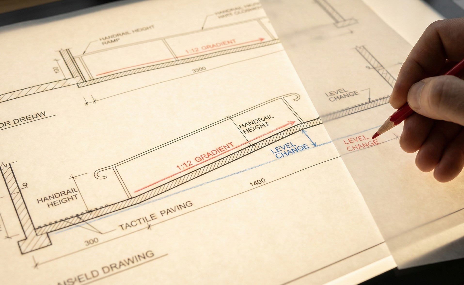 Architectural drawing of a ramp showing handrail height, 1:12 gradient, tactile paving, and level change annotations with a hand holding a red pencil.