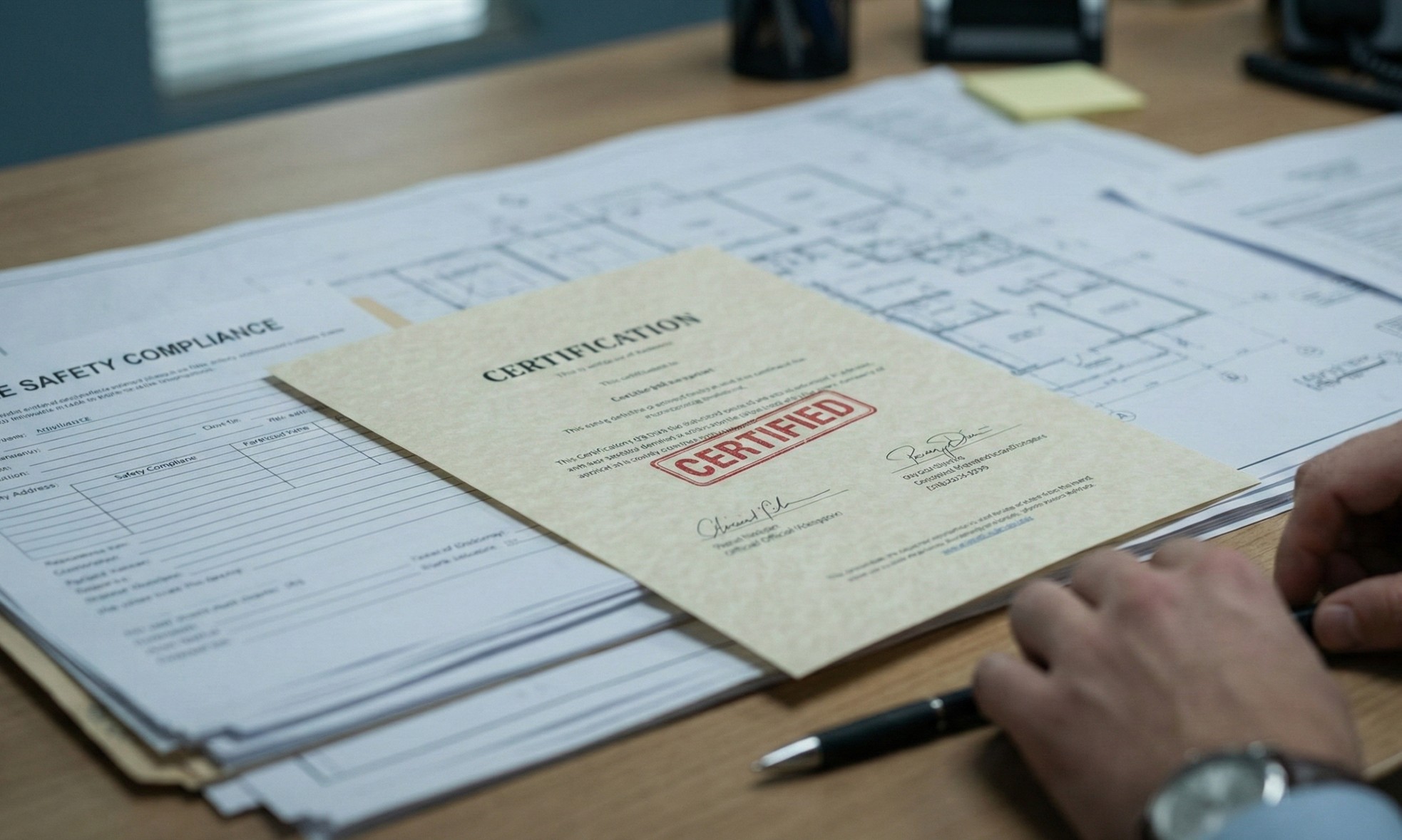 Certificate with a red CERTIFIED stamp placed on top of paperwork on a wooden desk with a person's hands and pen nearby.