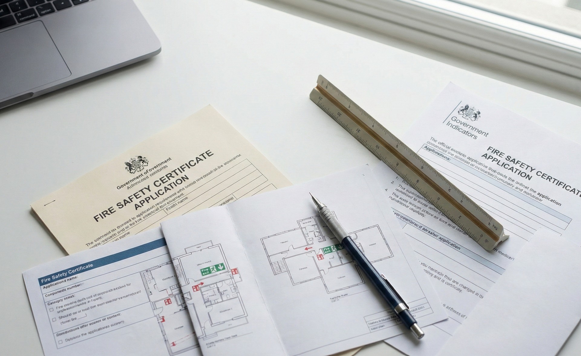 Documents titled Fire Safety Certificate Application and Fire Safety Certification Application with floor plans, a mechanical pencil, a slide rule, and part of a laptop on a white desk.