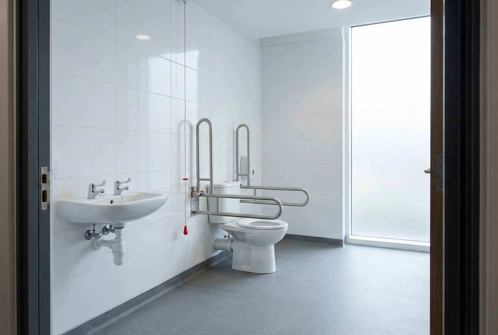 Accessible bathroom with wall-mounted sink, toilet with stainless steel grab bars, red emergency pull cord, and frosted window.