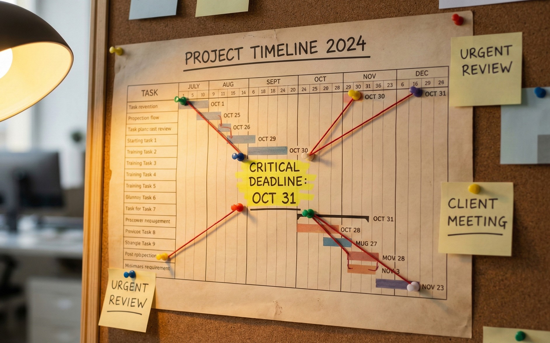 Project timeline 2024 pinned to corkboard showing tasks and deadlines with a highlighted note for critical deadline on October 31.