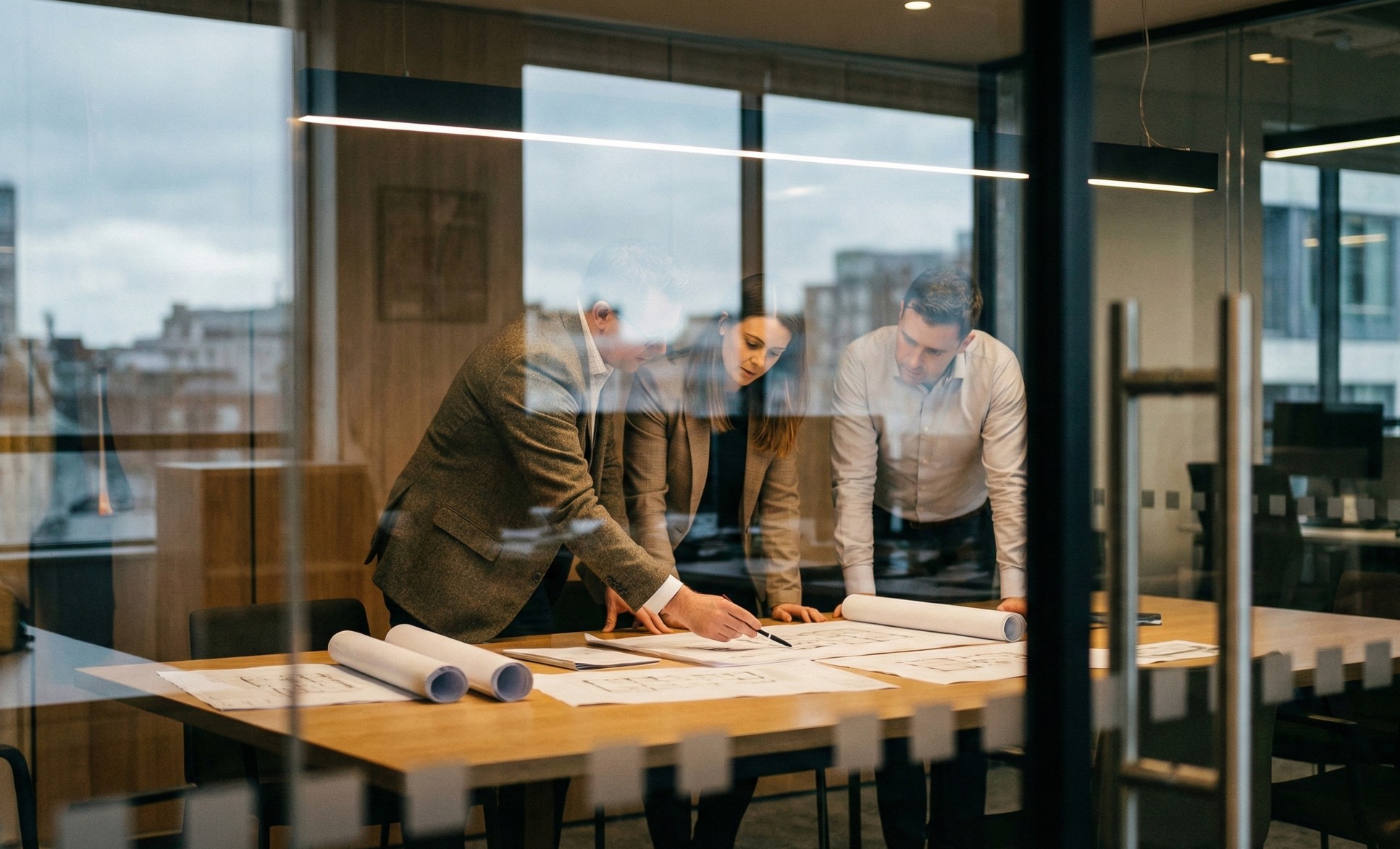 Three professionals collaborating over architectural blueprints on a conference room table.