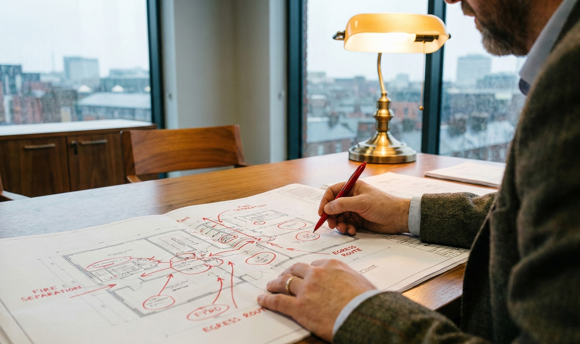 Man marking architectural floor plans with red pen at a wooden desk near a window in an office.