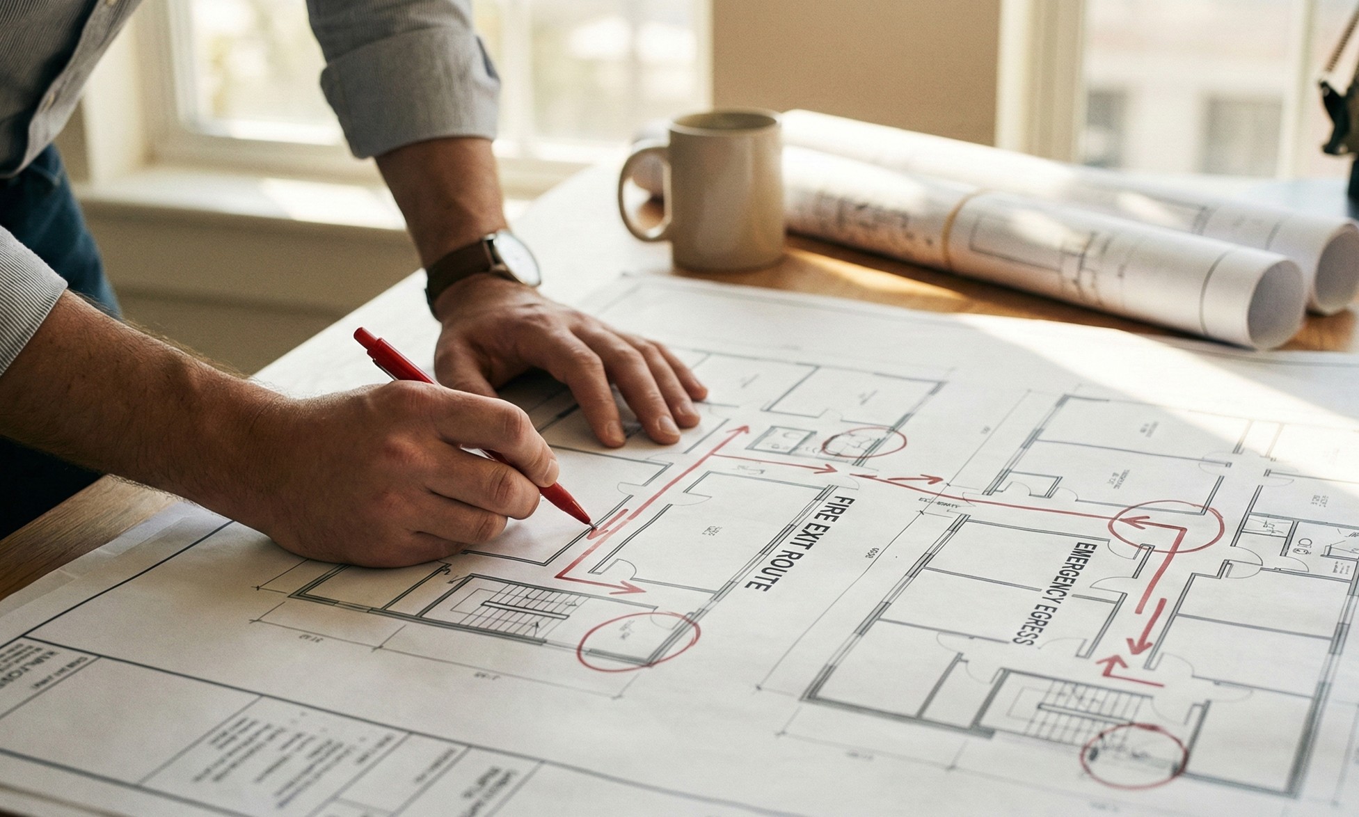 Person marking a building floor plan with a red pen, highlighting fire exit routes and emergency egress paths.