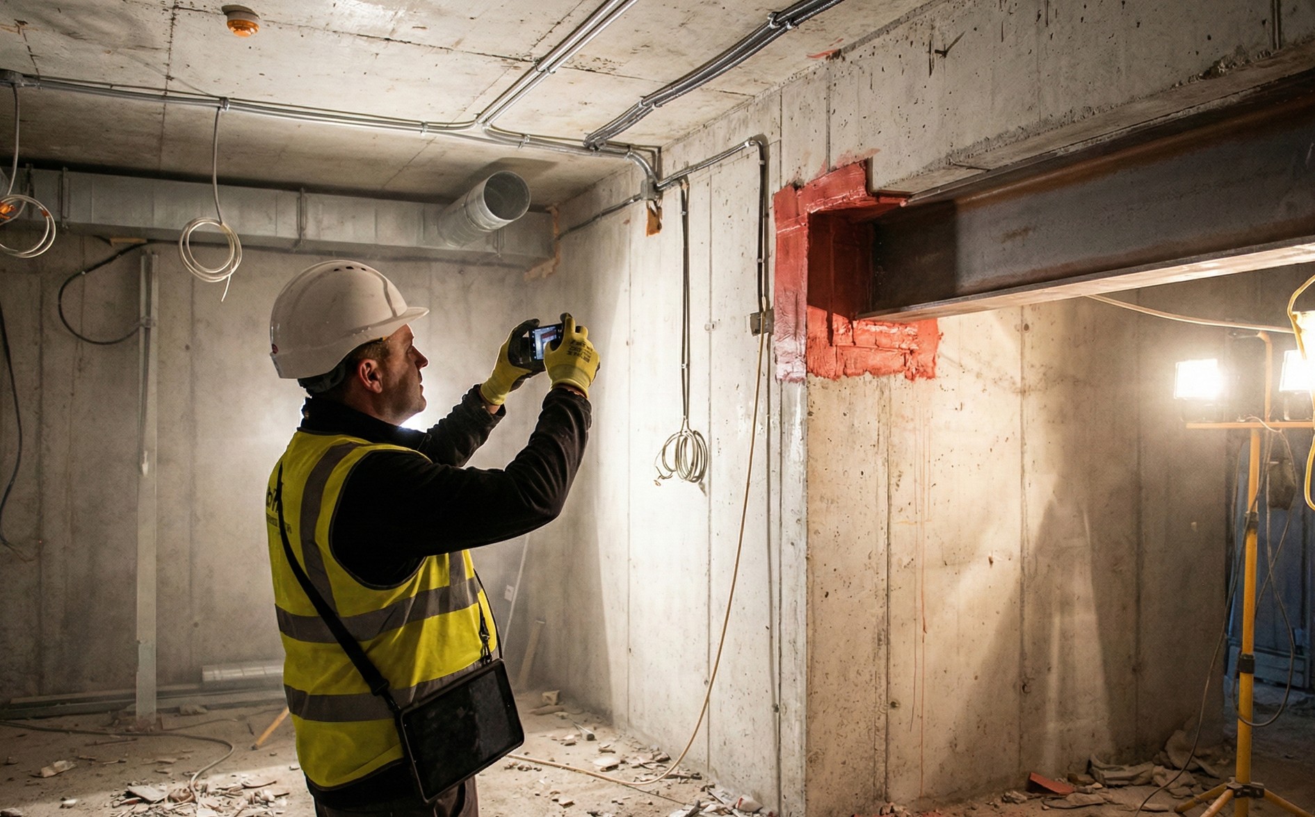 Construction worker in a yellow safety vest and white helmet taking a photo inside a concrete building under construction.