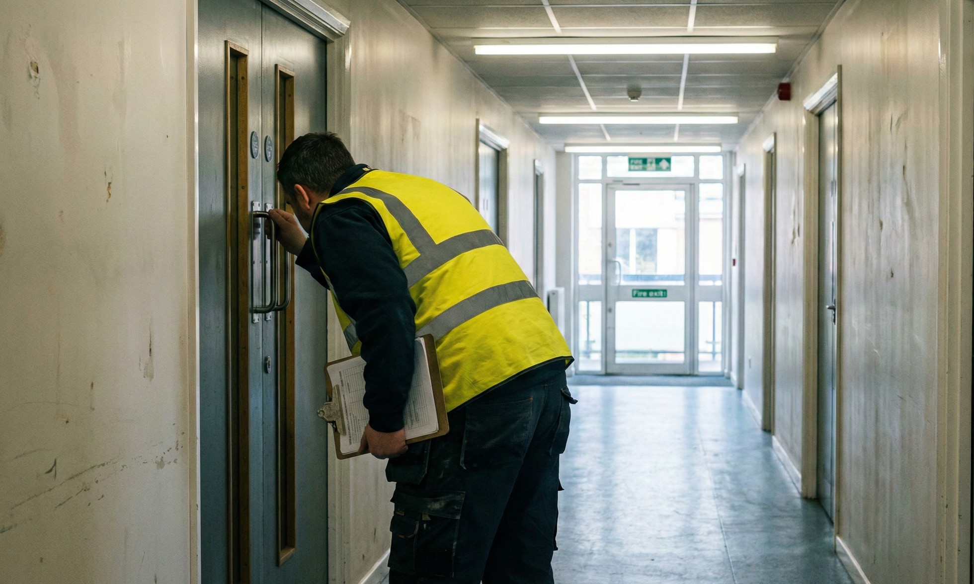 Worker in a yellow safety vest inspecting a closed door in a hallway while holding a clipboard.
