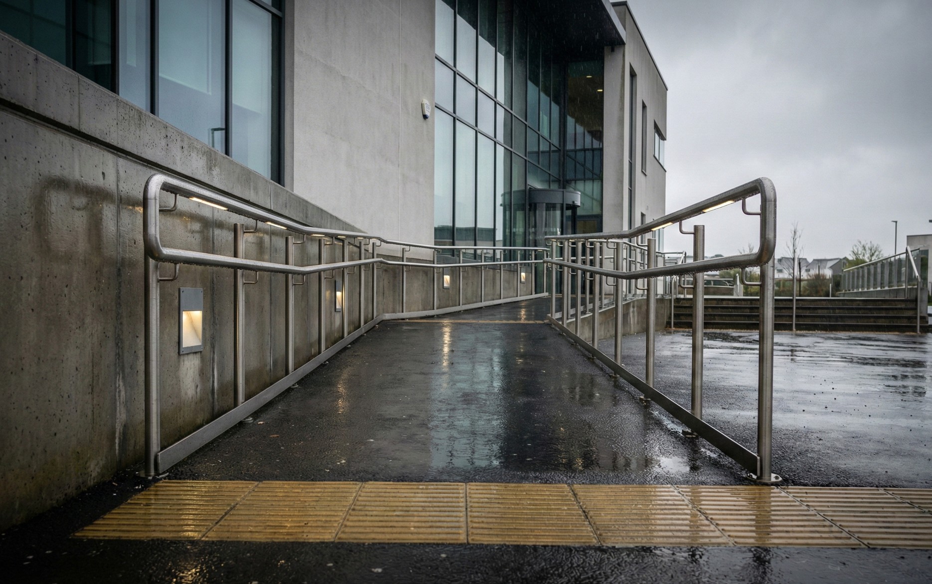 Wet, accessible metal ramp with handrails leading to a modern building entrance on a rainy day.