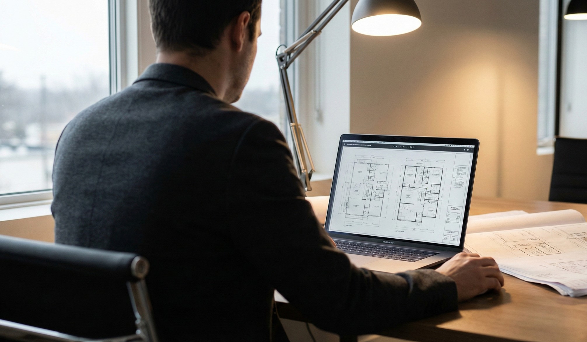 Man in a dark jacket sitting at a desk, viewing architectural floor plans on a laptop with printed plans beside him.