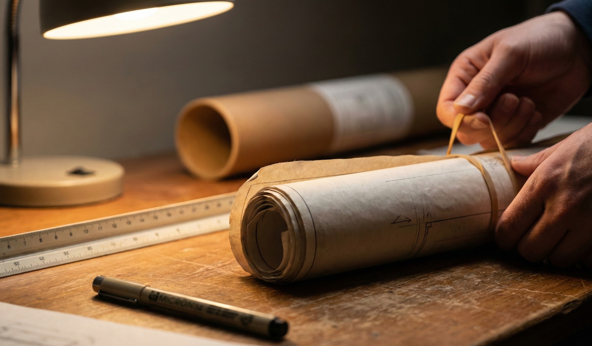 Hands tying a rubber band around a rolled architectural drawing on a wooden desk with a pen, ruler, and a desk lamp.