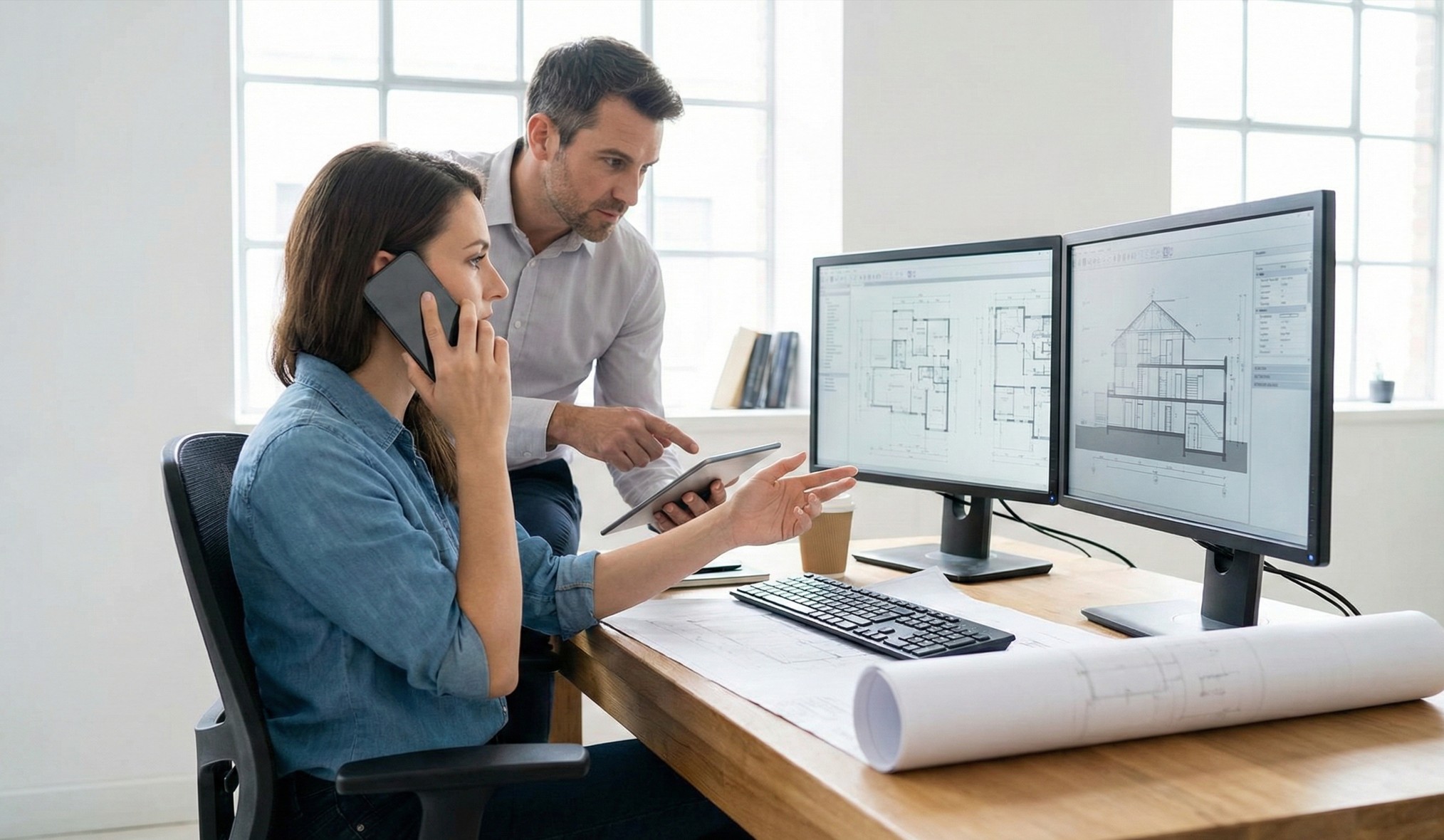 Two architects reviewing building blueprints on dual monitors; woman on phone and man pointing at tablet.
