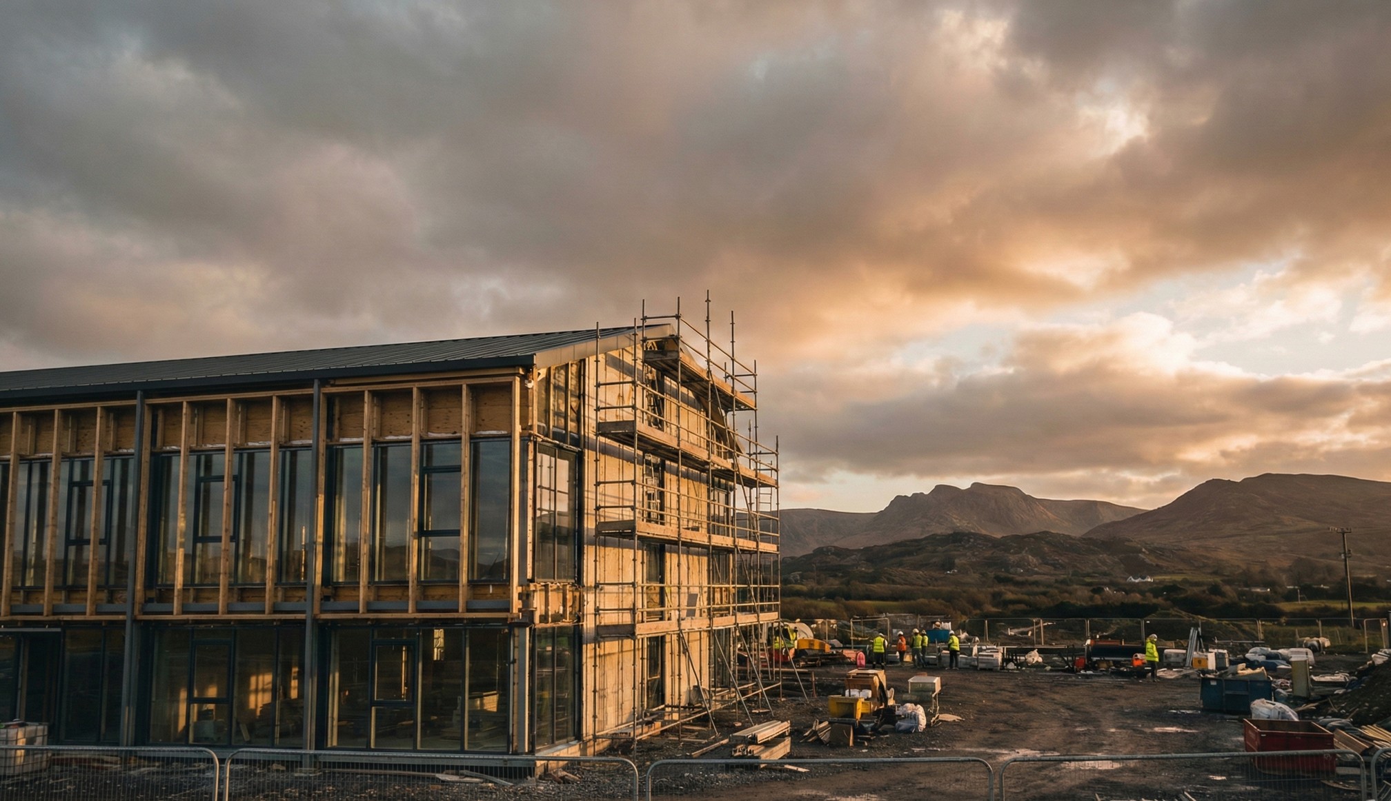 Partially constructed building with scaffolding and workers on site at sunset, with mountains in the background.
