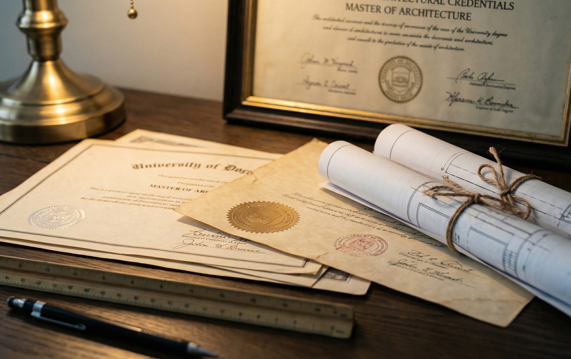 Desk with architecture diplomas, rolled blueprints tied with twine, a wooden ruler, a mechanical pencil, and a brass lamp base.