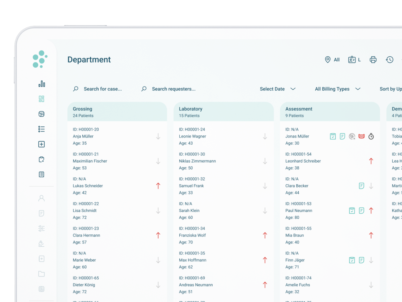 Tablet screen showing a hospital dashboard with patient lists under departments Check In, Admission, and Discharge, including patient IDs, names, ages, and status indicators.