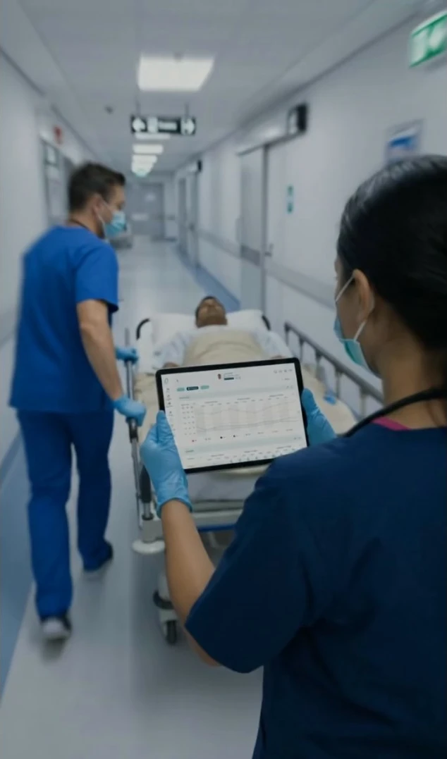 Zwei medizinische Fachkräfte schieben einen Patienten auf einer Liege durch einen Krankenhausflur, während eine Fachkraft ein Tablet mit Patientendaten hält.