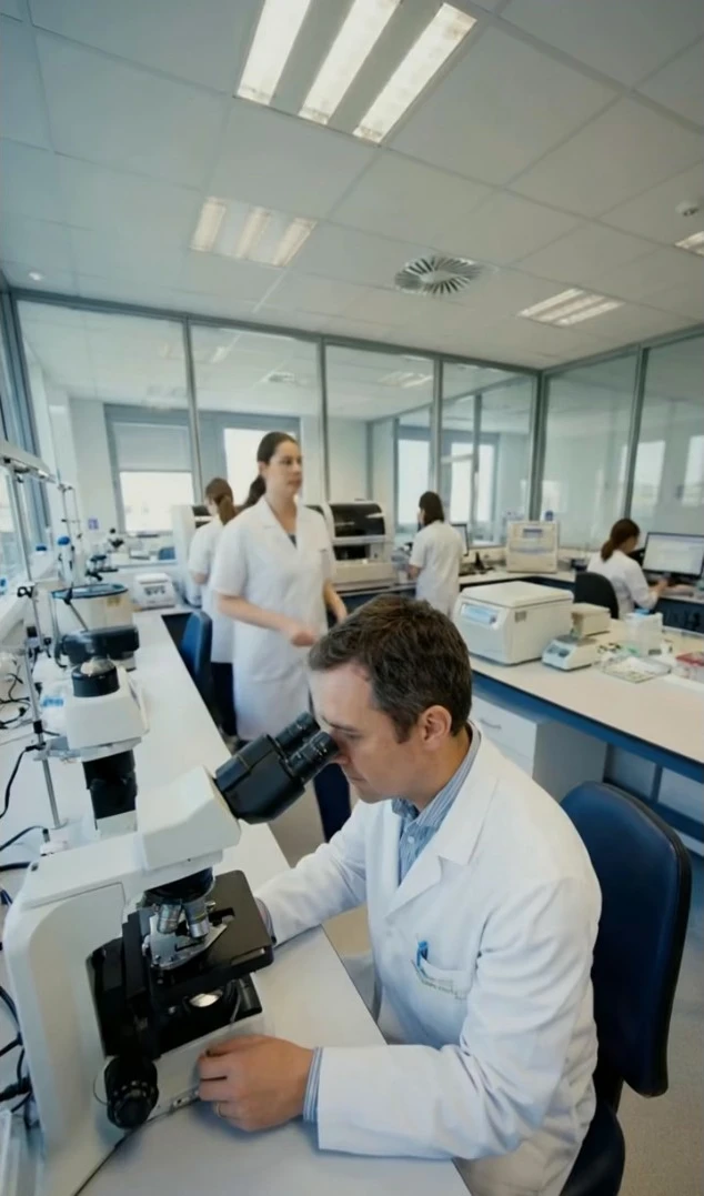 Ein Wissenschaftler in einem weißen Laborkittel blickt durch ein Mikroskop in einem modernen Labor, während weitere Laboranten im Hintergrund arbeiten.
