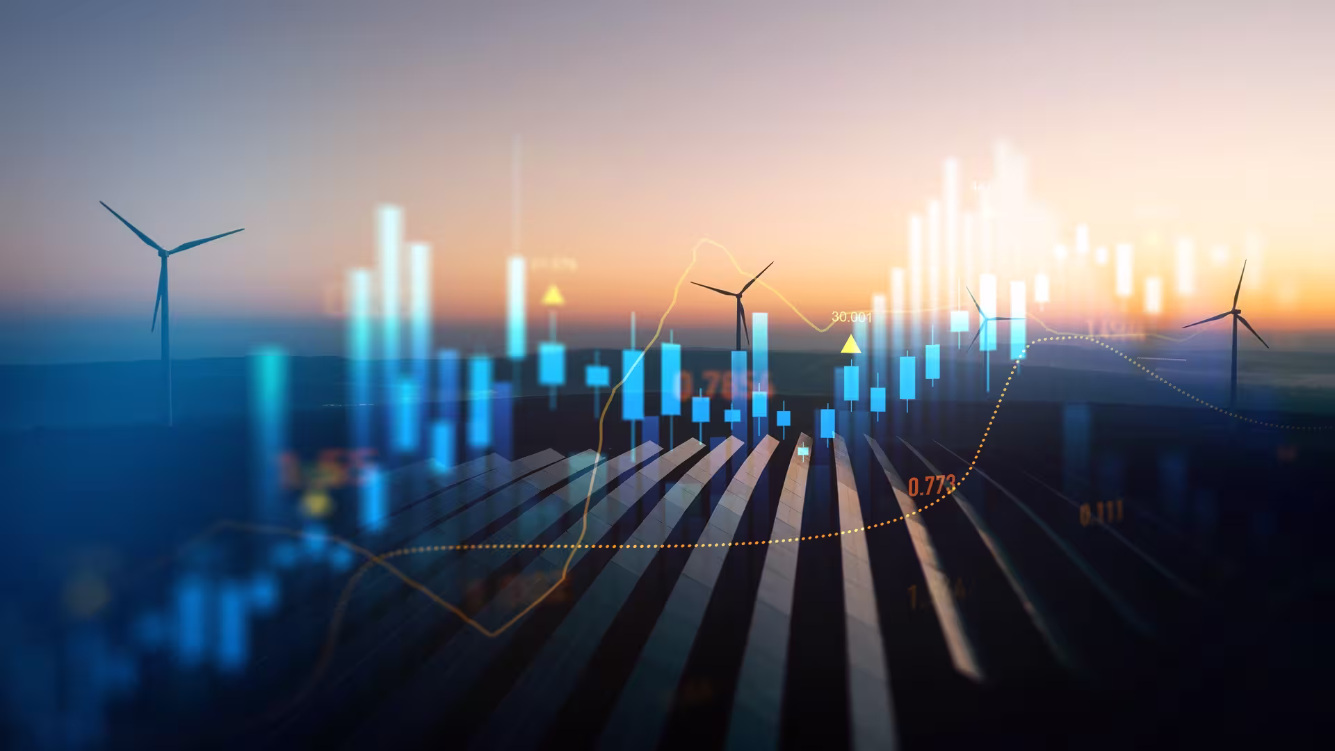 Financial graph on the background of wind turbines at sunset — financing renewable energy projects and green finance