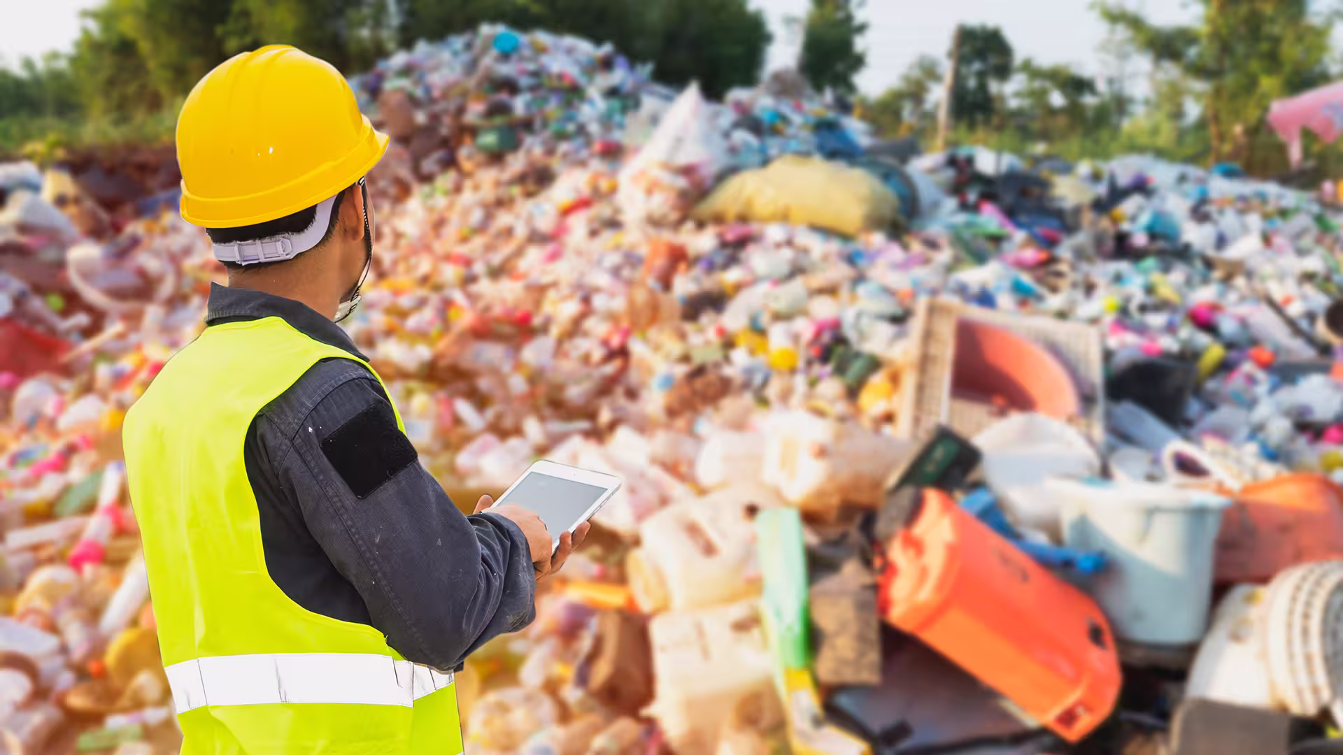 Ouvrier triant des déchets dans un conteneur jaune – gestion des déchets industriels, recyclage et économie circulaire