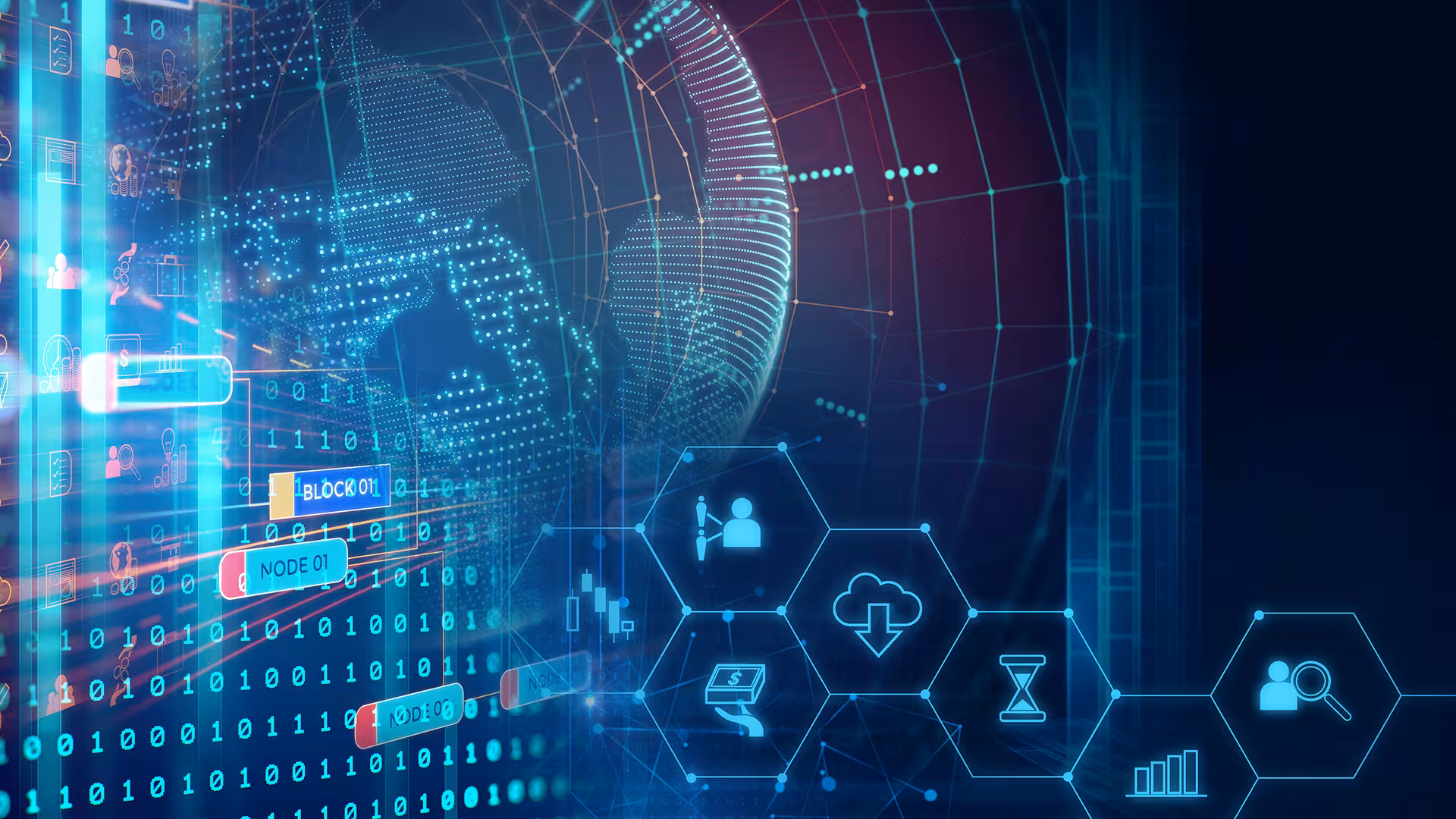Digital globe surrounded by icons representing connected technologies