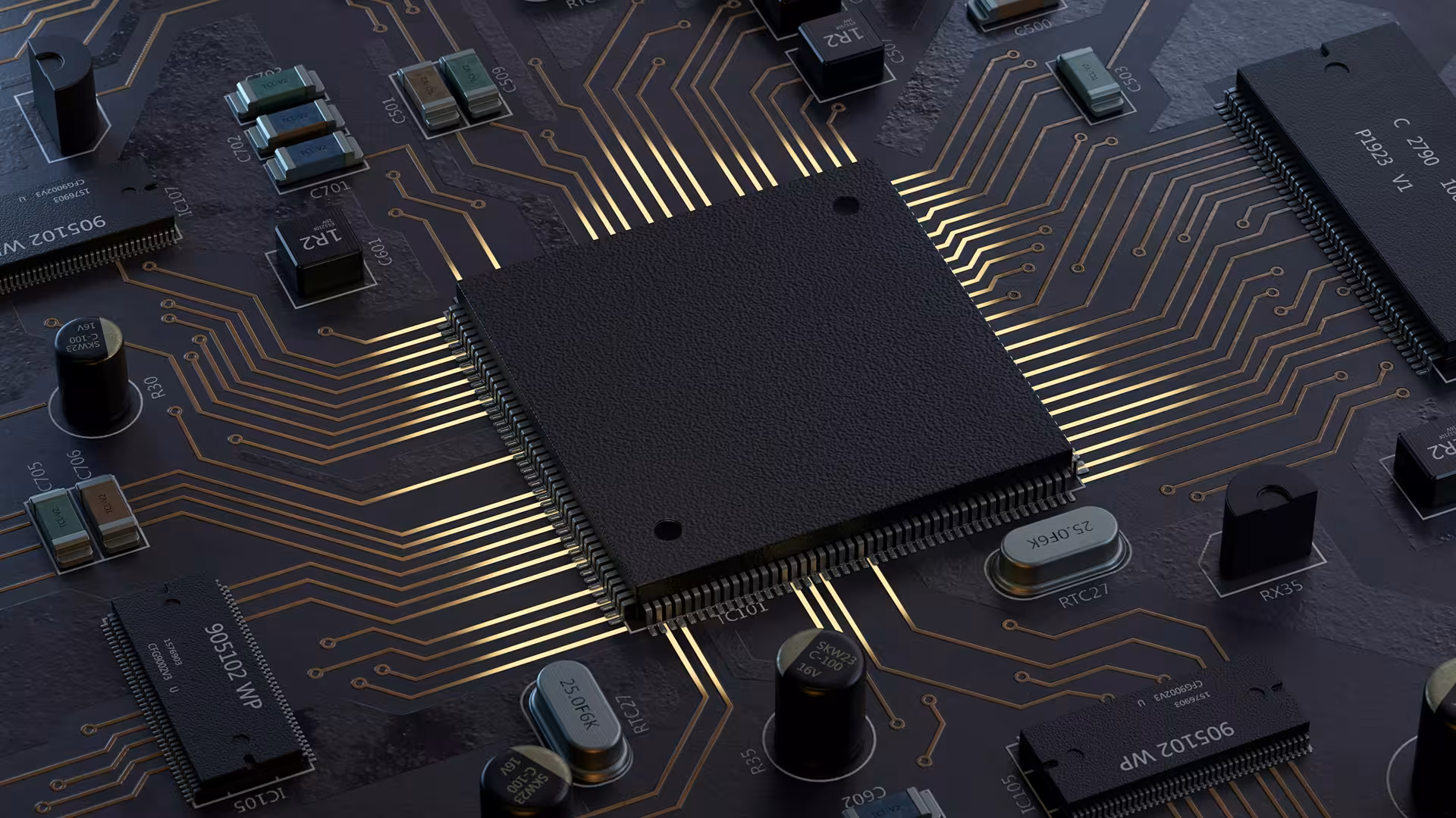 Close-up of an electronic chip soldered to a printed circuit, illustration for Primes for Research and Development
