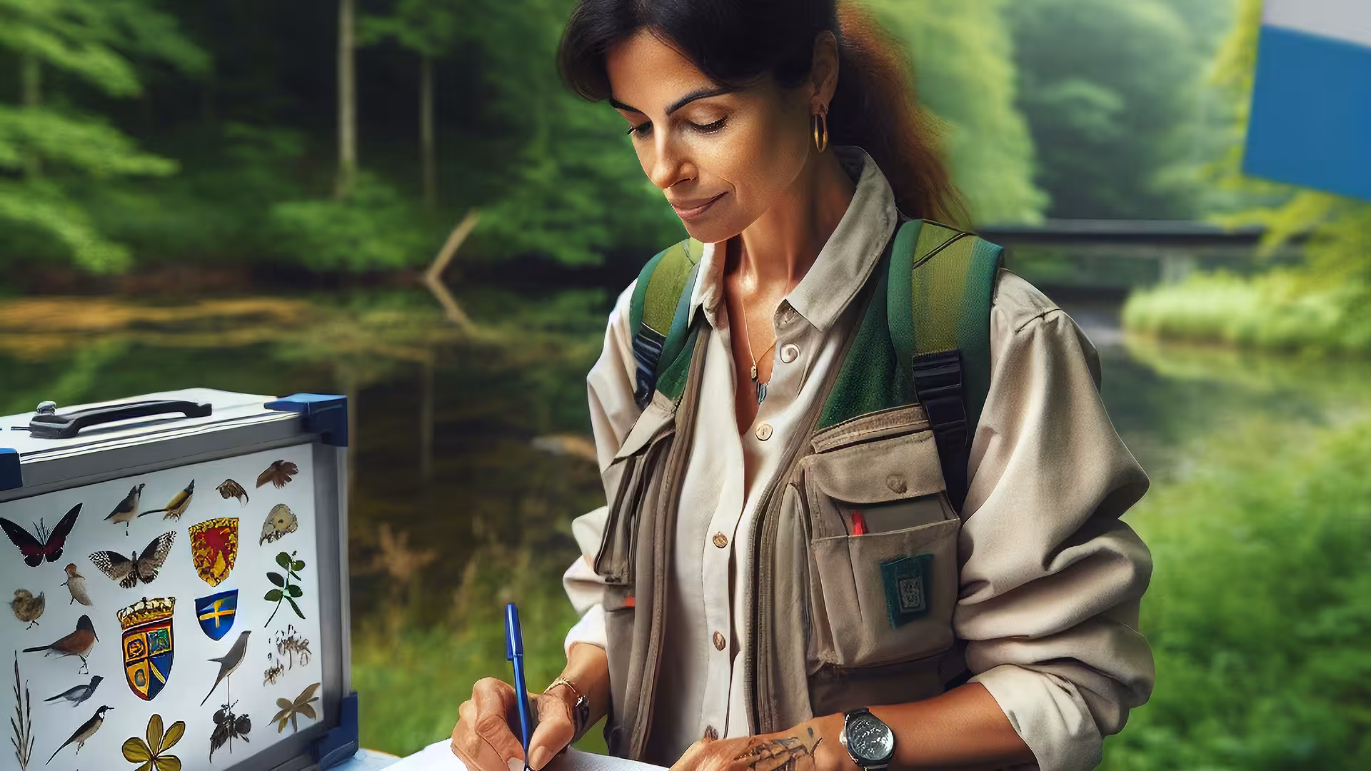 Naturaliste réalisant un inventaire au bord d'une rivière, illustration pour Biodiversité et gestion de l'eau