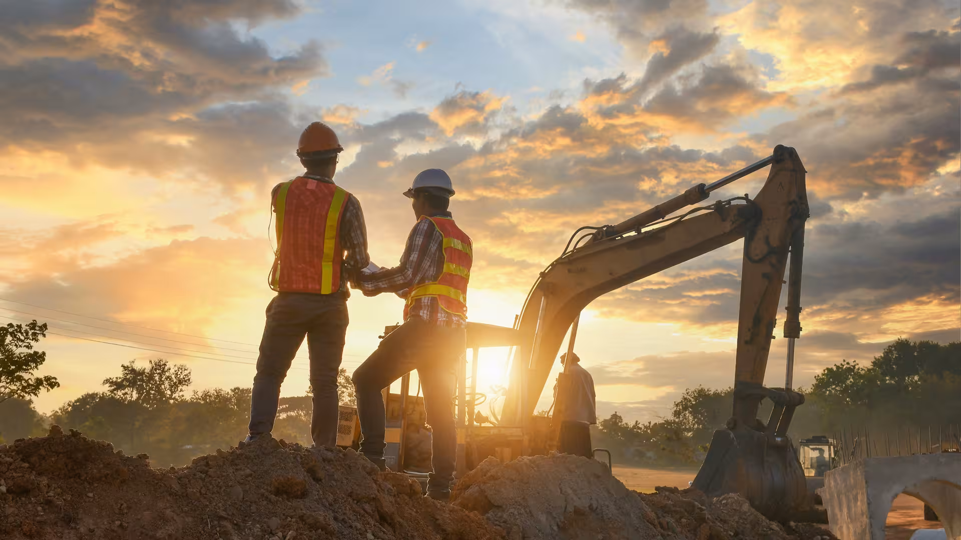 Workers and digger on a construction site at sunset, illustration for Sanitation Coordination and Supervision