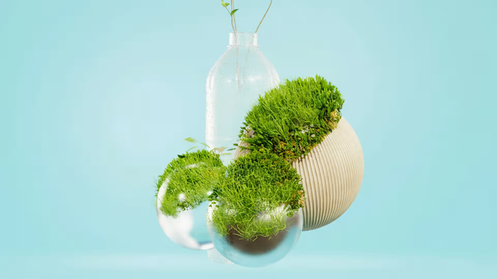 Objets en verre et mousse végétale en design éco-responsable sur fond bleu