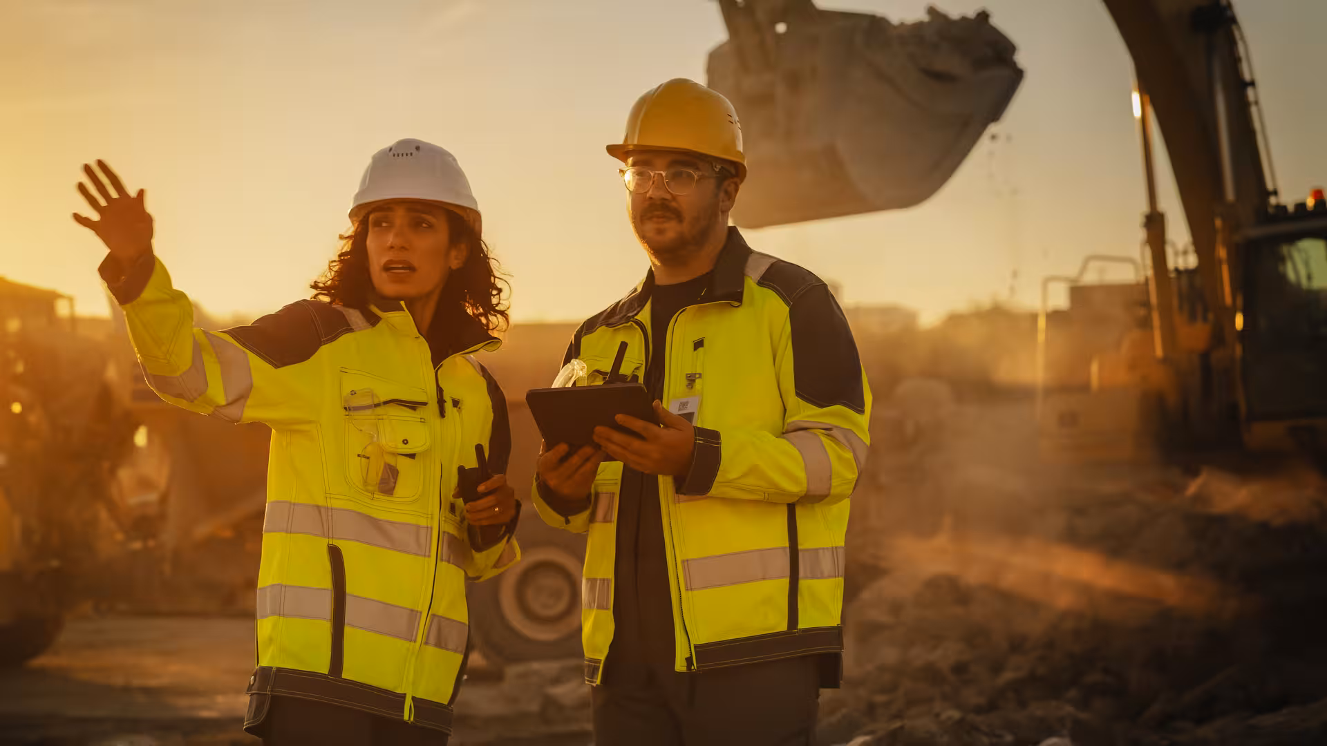 Workers in high visibility vests consulting a tablet on site