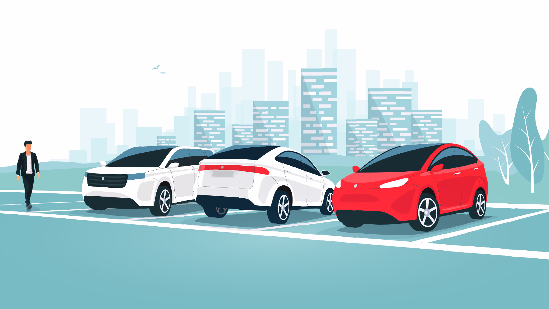 A row of futuristic electric cars, including a red one, parked in town near a pedestrian.