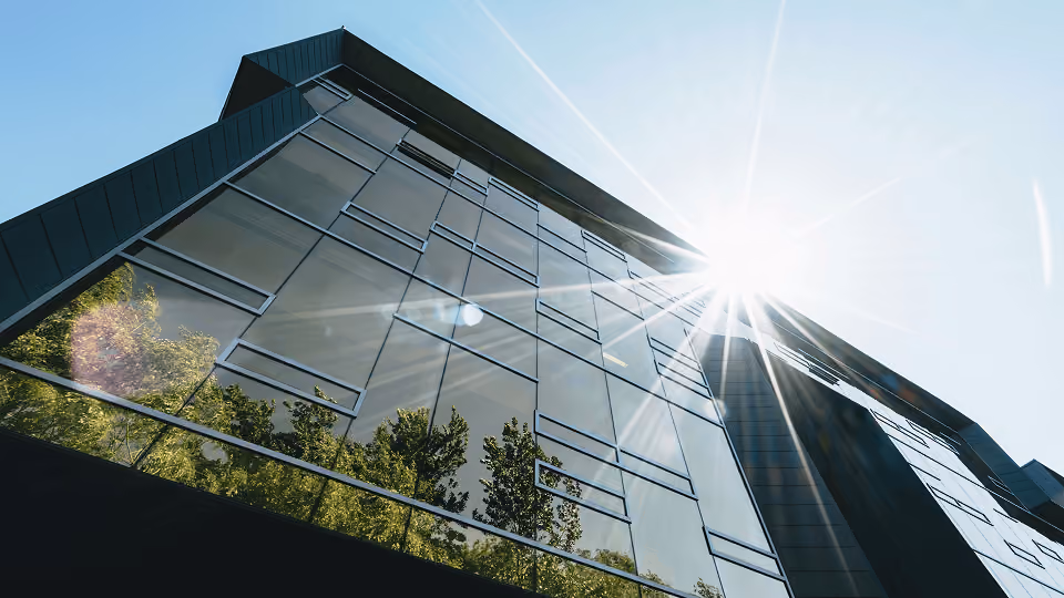 Façade vitrée d'un bâtiment moderne avec reflet d'arbres et rayons de soleil éclatants.