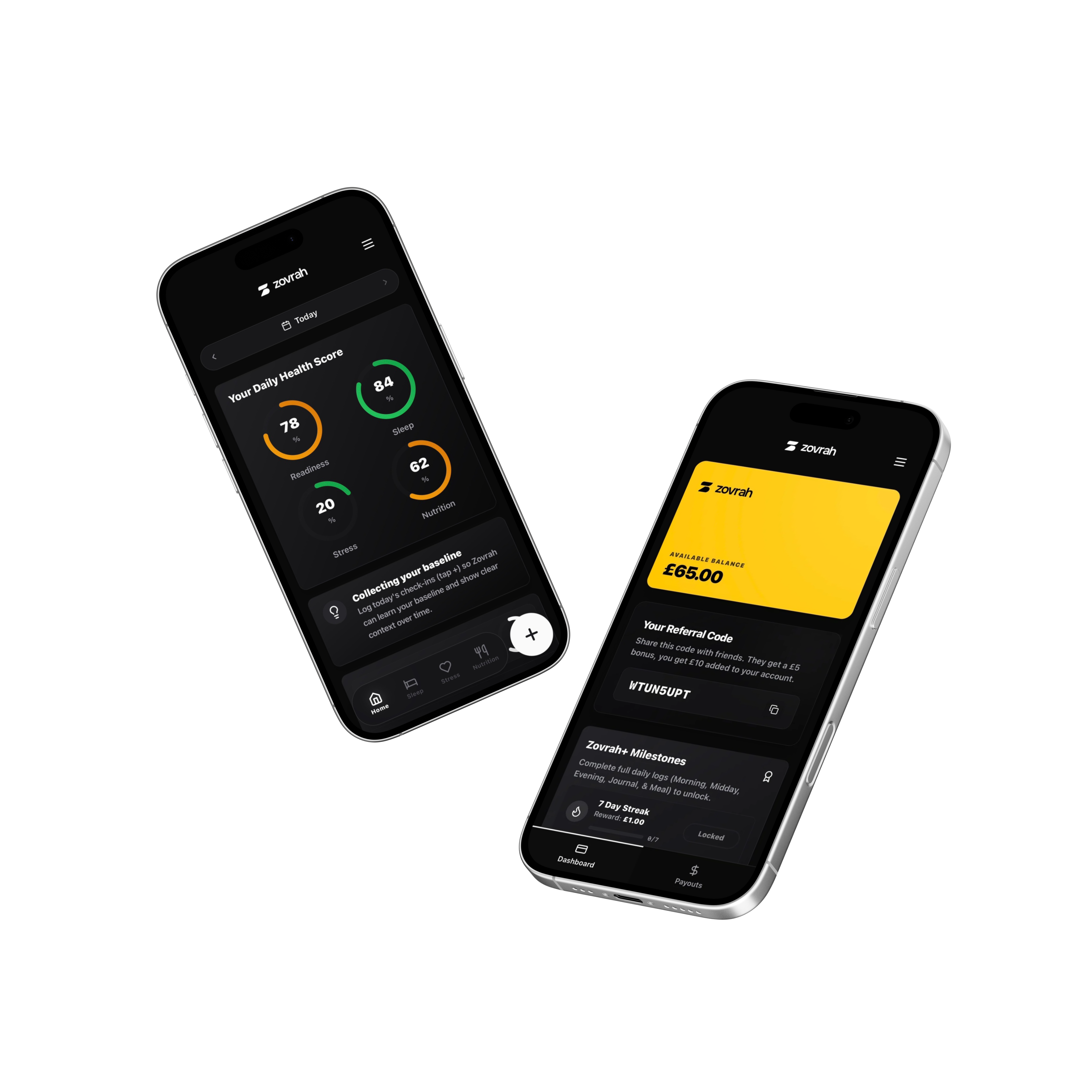 Two smartphones showing the Zovrah app screens: one with daily health scores and the other with available balance and referral code.