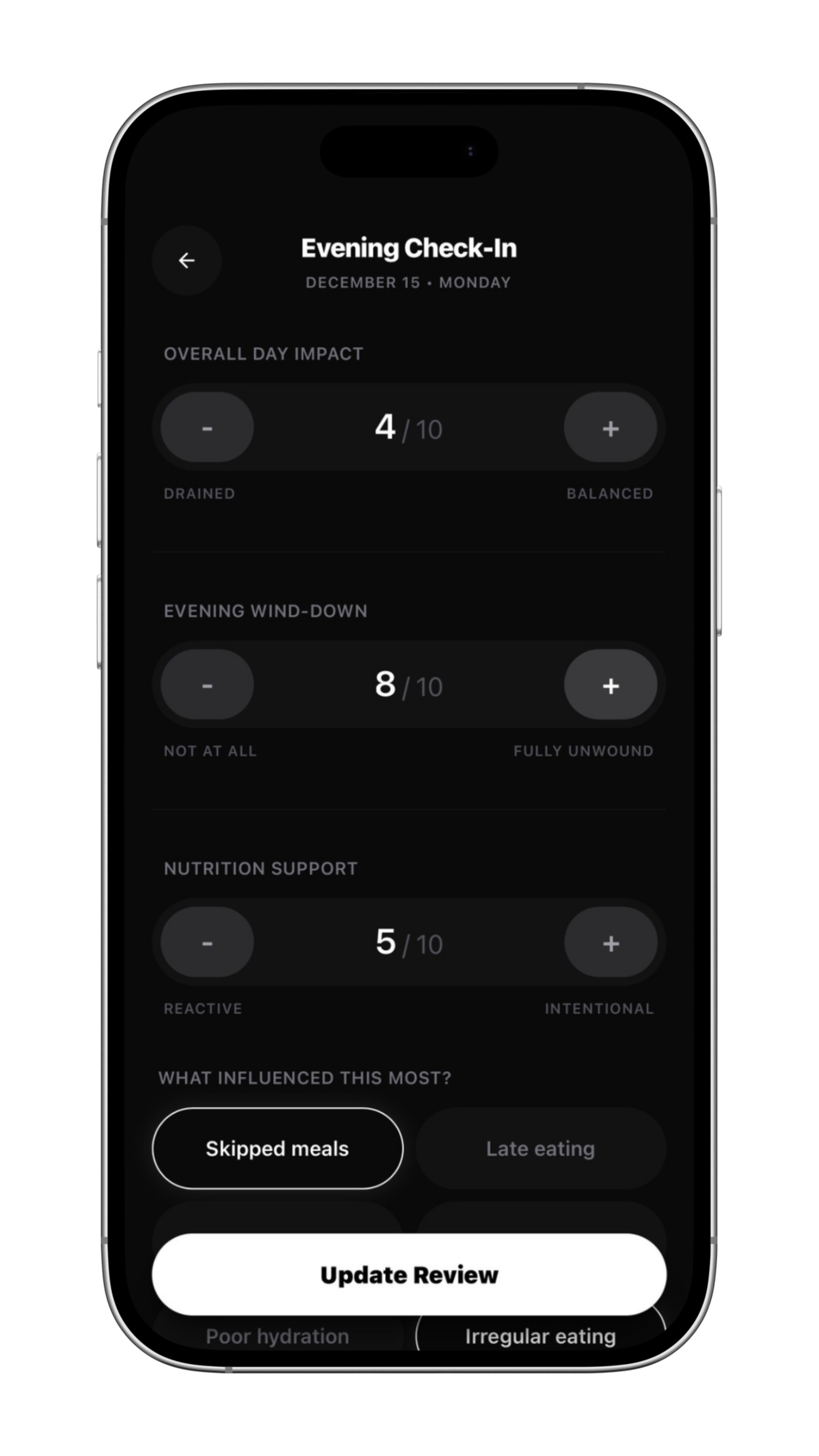 Smartphone screen displaying a dark-themed health app dashboard showing weekly averages of energy, sleep, focus, and stress, with a 7-day logging consistency bar.
