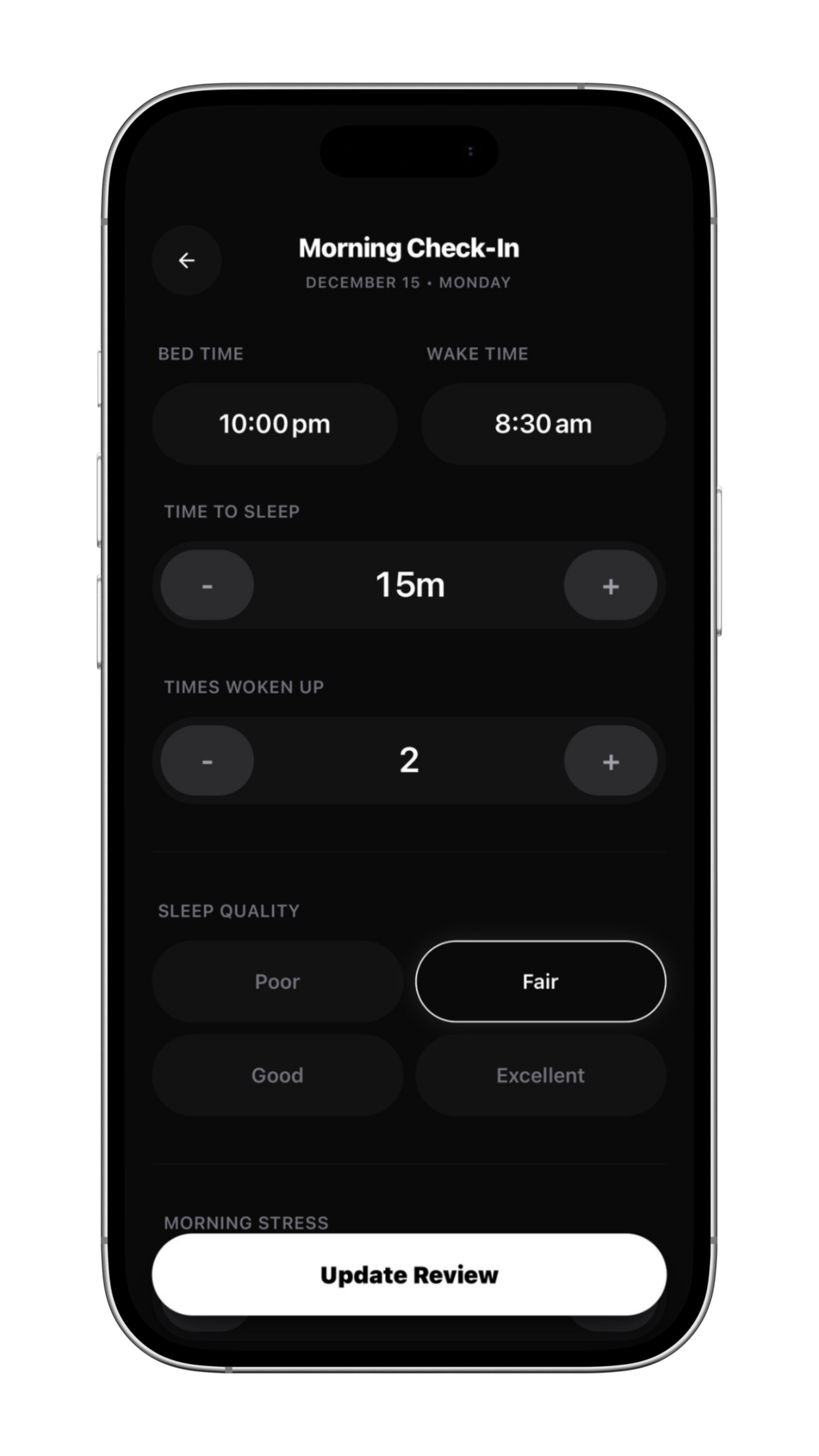 Mobile app evening check-in screen showing ratings for overall day impact as 4 of 10, evening wind-down as 8 of 10, and nutrition support as 5 of 10, with options for what influenced the results like skipped meals and late eating.