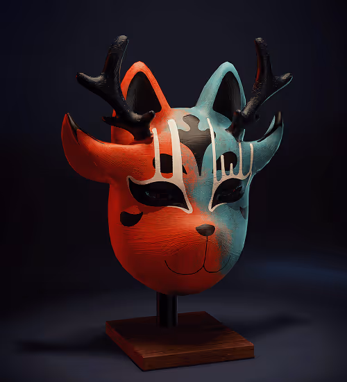 Game-ready 3D character asset by Foxtale Studio: A detailed fox-deer spirit mask featuring hand-painted textures.