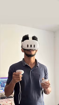 A Foxtale Studio developer testing immersive gameplay using the Meta Quest 3 VR headset.