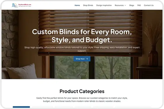 Website homepage showing custom wooden blinds over a window with text promoting affordable, stylish window blinds and a Shop Now button.
