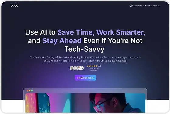 Webpage header with text promoting use of AI to save time and work smarter, featuring a 4.8-star rating by 3,005 designers and a 'Get Started Today' button.
