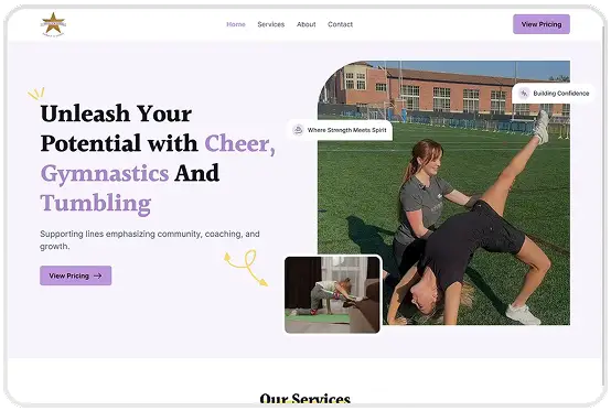 Website homepage with headline 'Unleash Your Potential with Cheer, Gymnastics And Tumbling' alongside images of a female coach assisting a gymnast performing a backbend outside on grass.