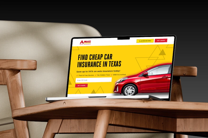 Laptop on wooden table displaying a website for cheap car insurance in Texas with a red car image.