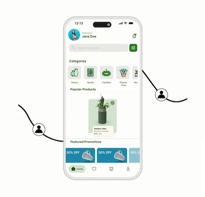 Mobile app interface showing a user welcome, categories including vases and books, a popular product abstract vase priced at $75, and featured promotions with 50% off.