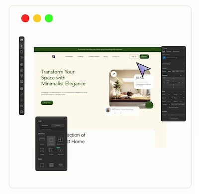 Web design interface showing a homepage layout with minimalist decor, menu options, and editing tool panels on a white background.