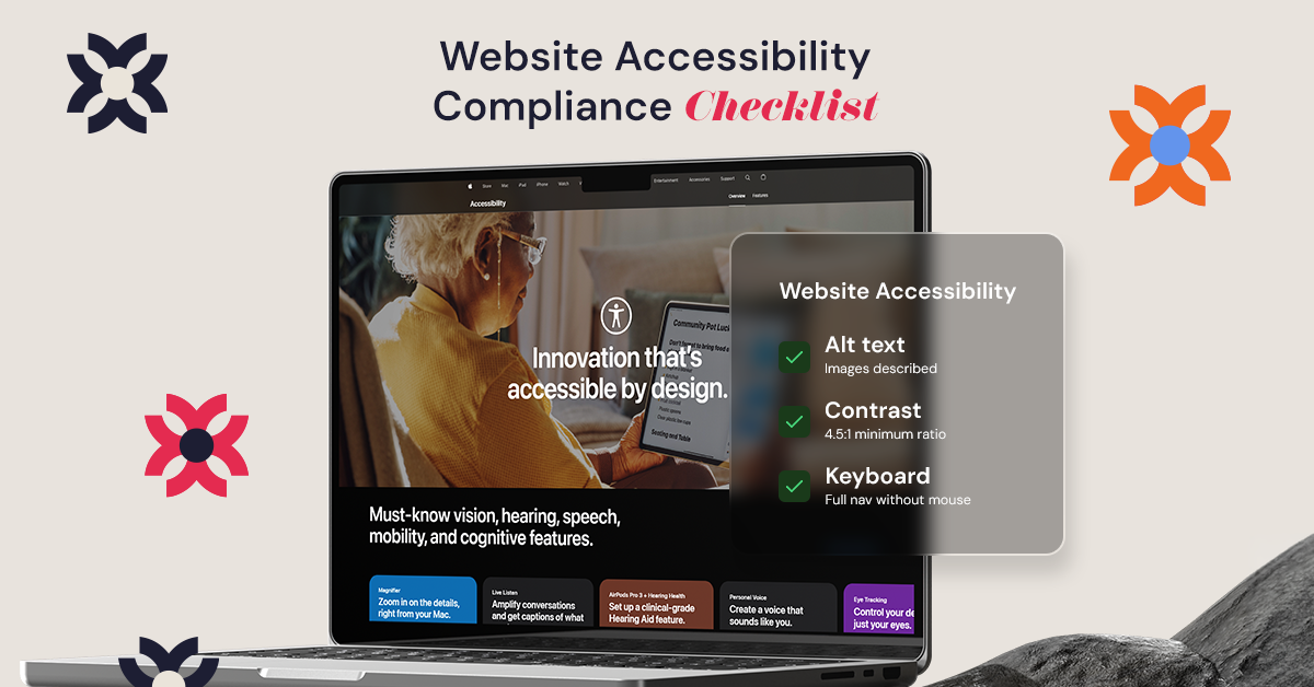 Website accessibility checklist highlighting alt text, contrast, and keyboard navigation standards.