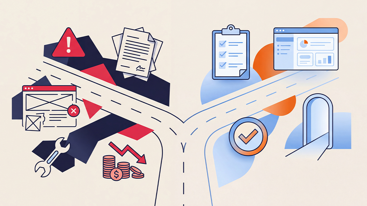 Two roads diverging: one showing website errors and financial loss, the other showing compliance and an open doorway