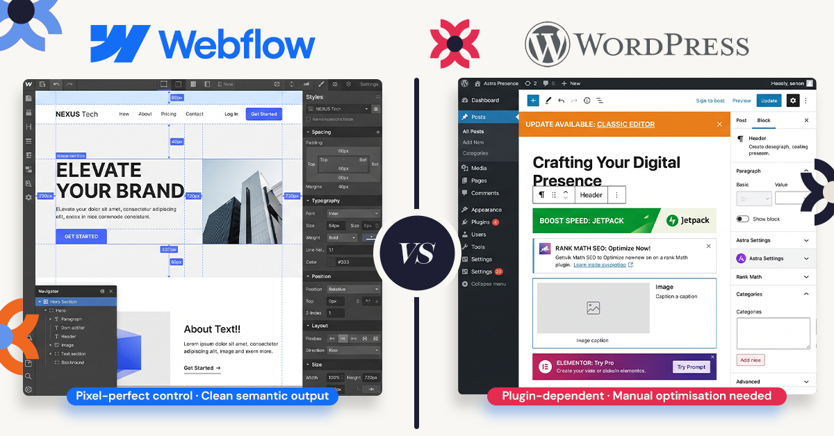 Webflow visual editor versus WordPress block editor side by side