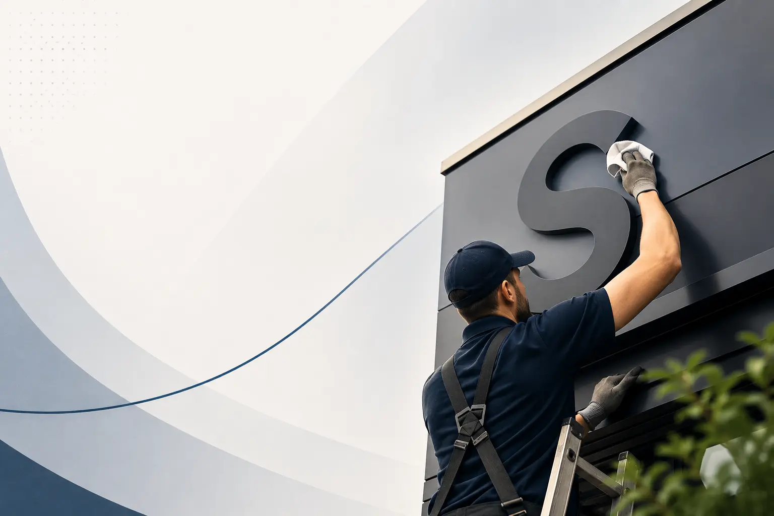 Worker on ladder cleaning a large black letter on a grey building facade.