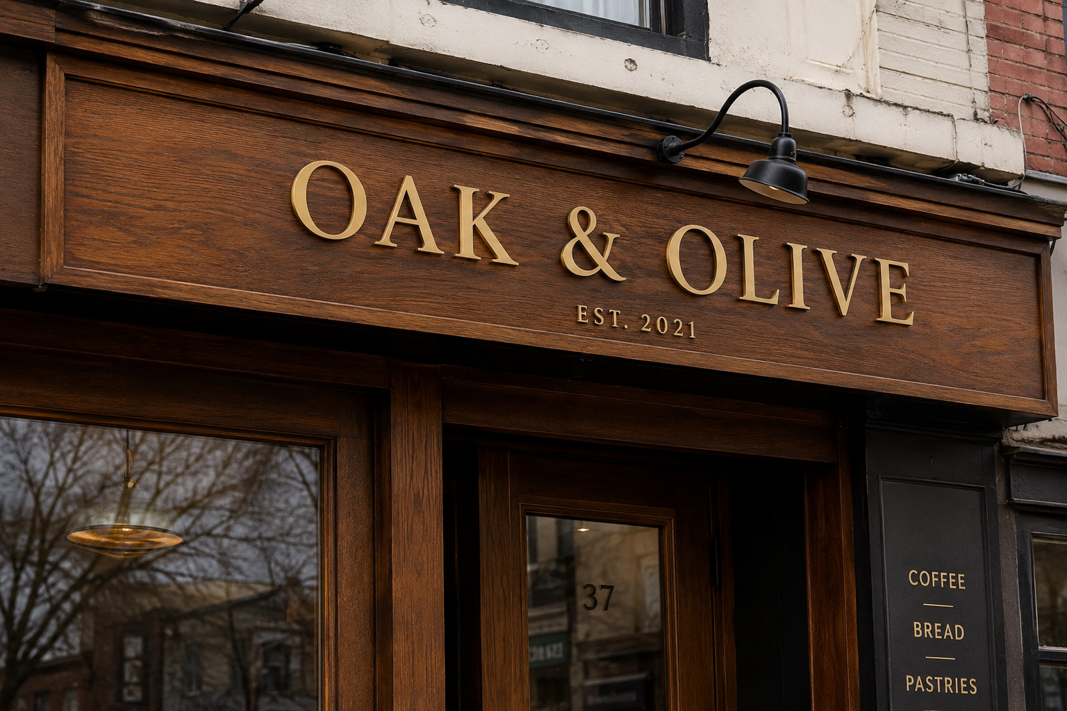 Wood sign above a storefront reading 'OAK & OLIVE EST. 2021' with a black lamp above.
