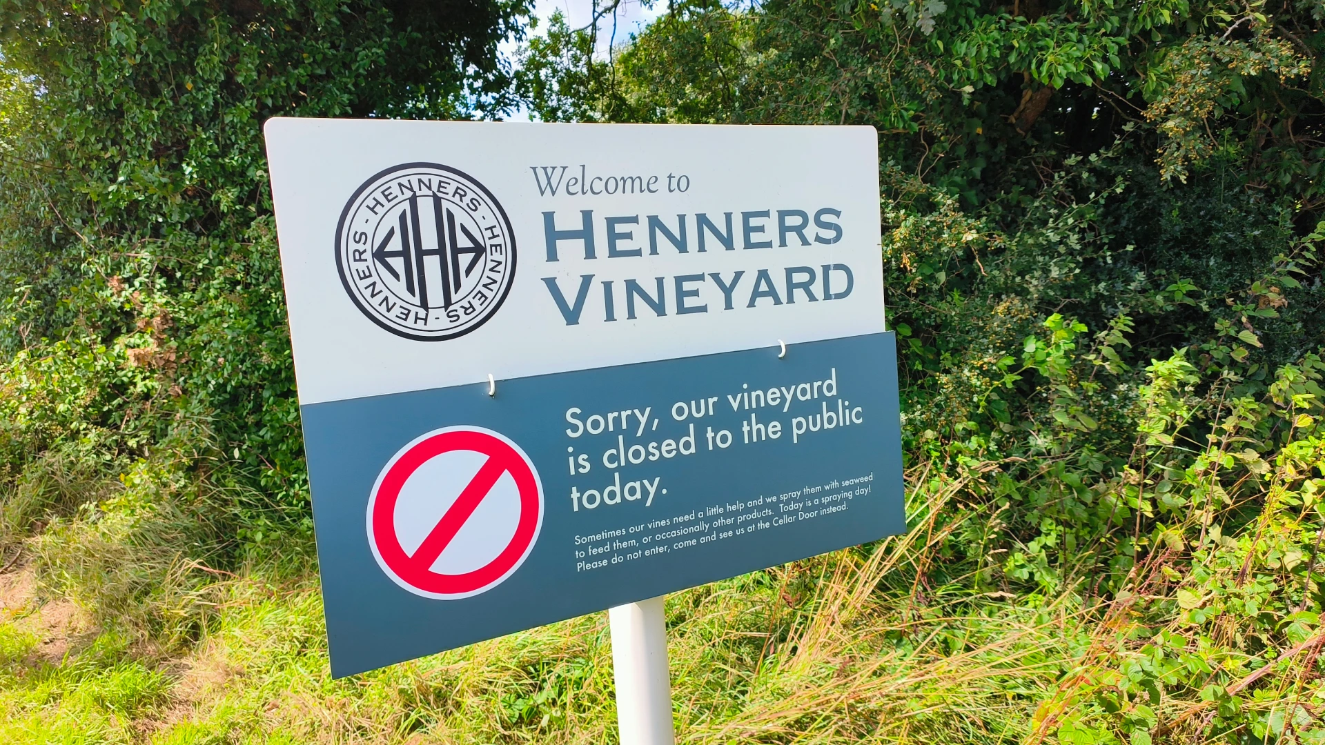 Henners Vineyard closed to the public sign.
