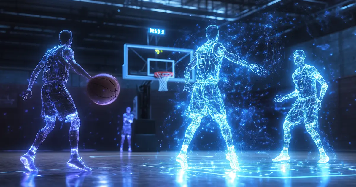 Blue holographic basketball players on an indoor court, one dribbling while others defend near the hoop in a futuristic scene.