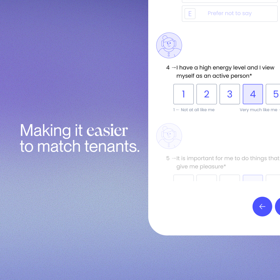 Partial survey interface on right with a purple gradient background and white text saying 'Making it easier to match tenants.'