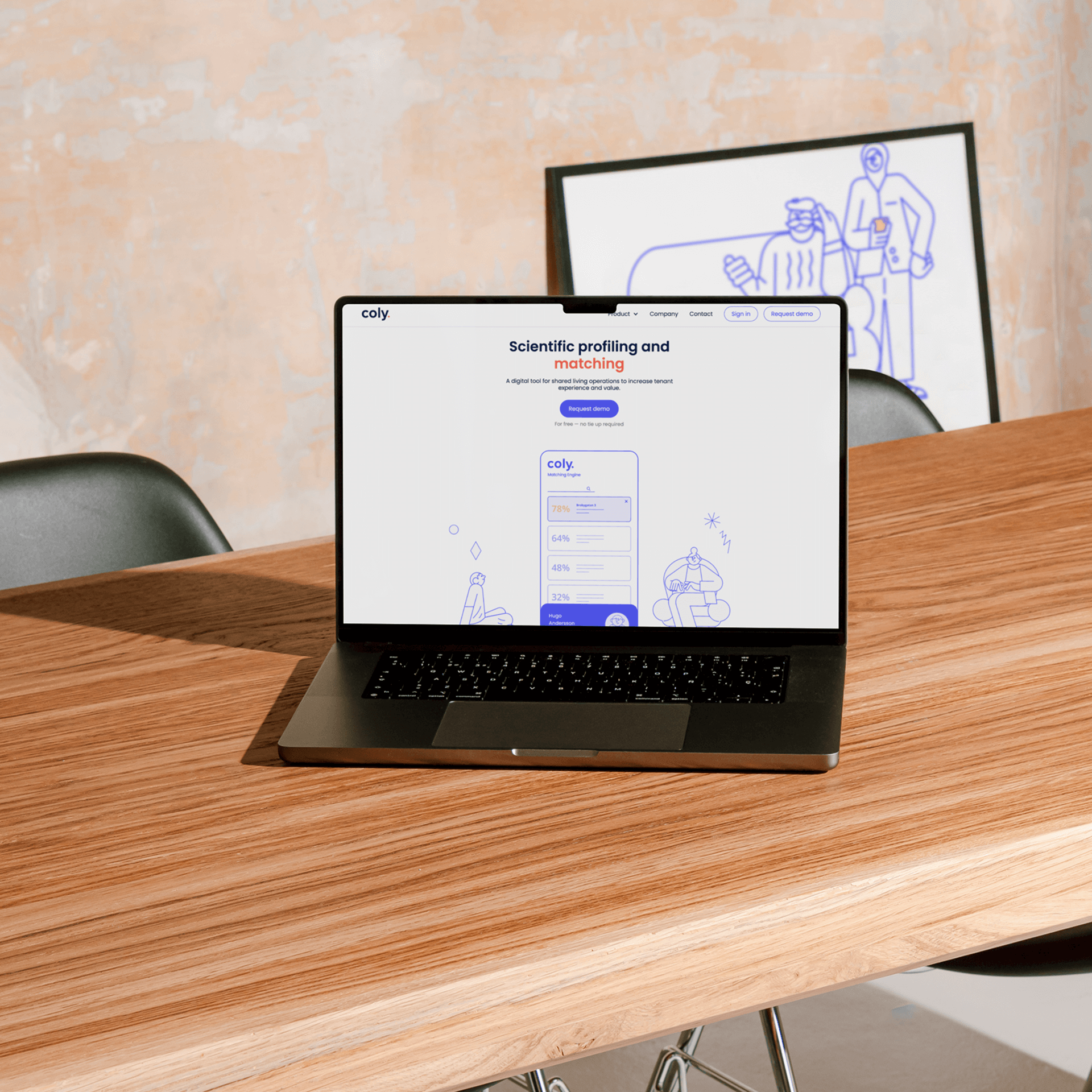 Laptop on wooden table displaying 'Scientific profiling and matching' webpage for tenant experience tool.