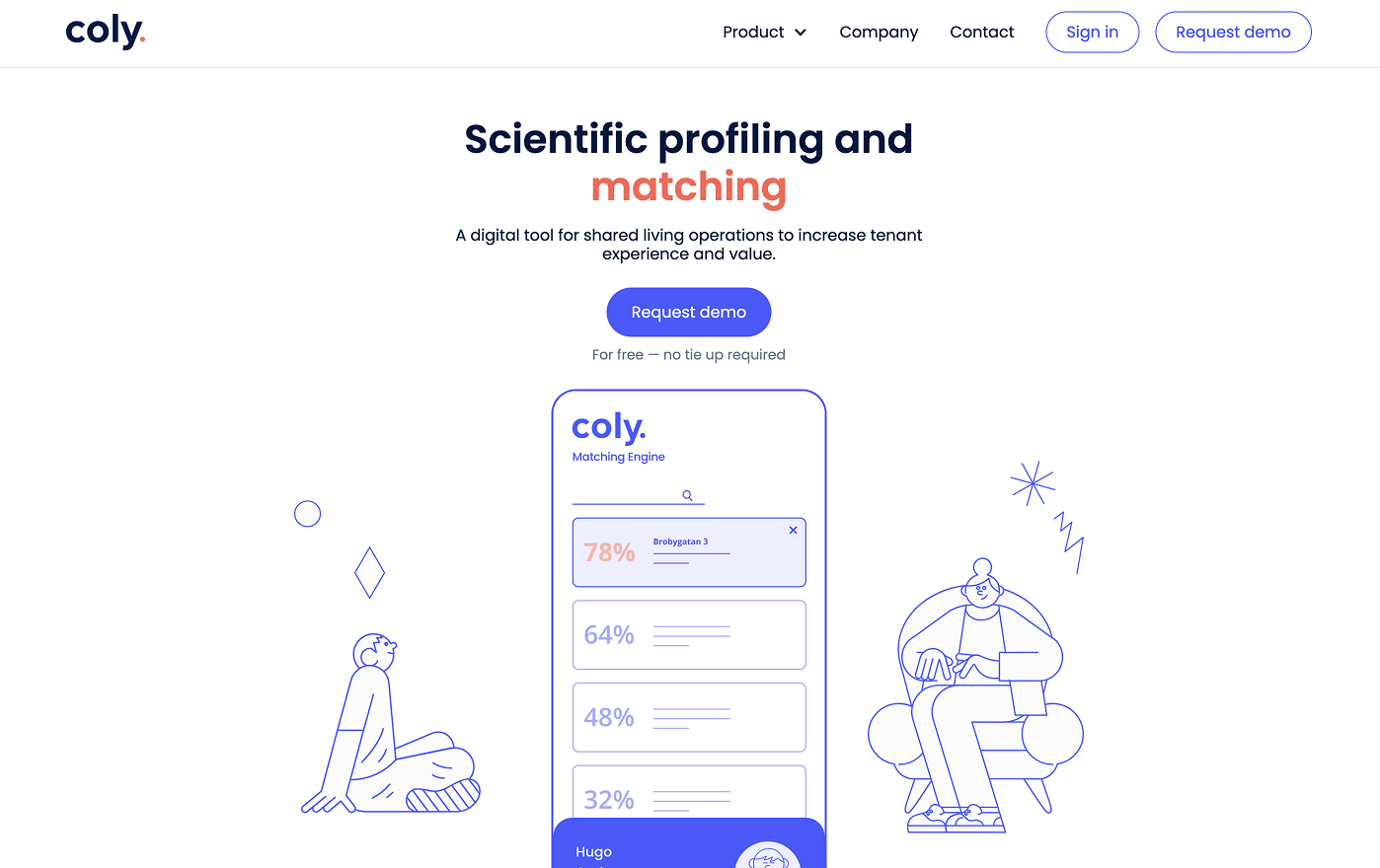 Coly digital tool homepage showing scientific profiling and matching for shared living operations with illustrations of two people and a matching engine interface.
